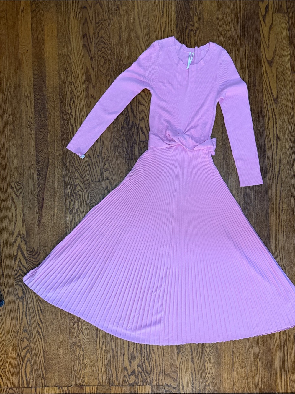 Anthropologie Pink Long-Sleeve Pleated Midi Dress with Knot Waist